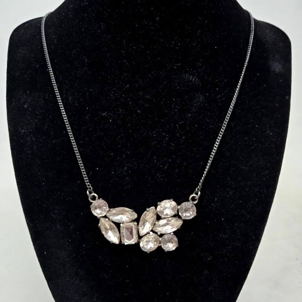 J. CREW Elegant Silver Rhinestone Cluster Statement Necklace